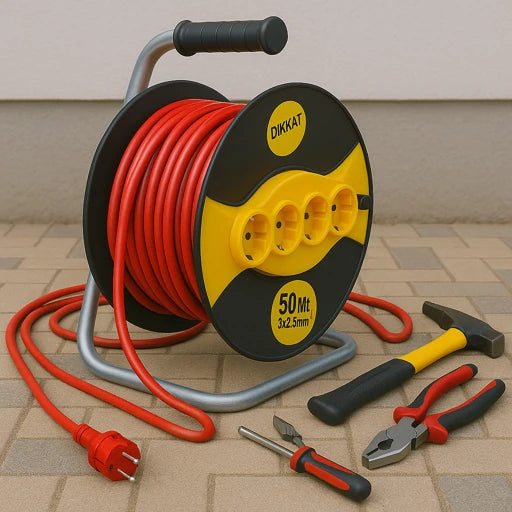 Rola Prelungitor 50M cu 4 Prize | 2400W – Cablu 3x2.5mm cu Tambur