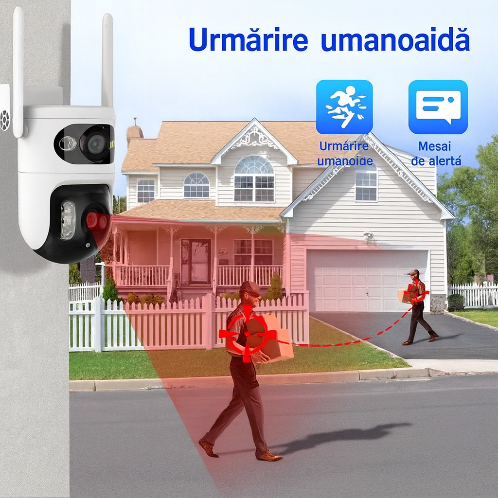 Cameră Wifi Exterior Duală Tuya 6Mp Rezoluție 4K, Audio Bidirectional, Infraroșu Color