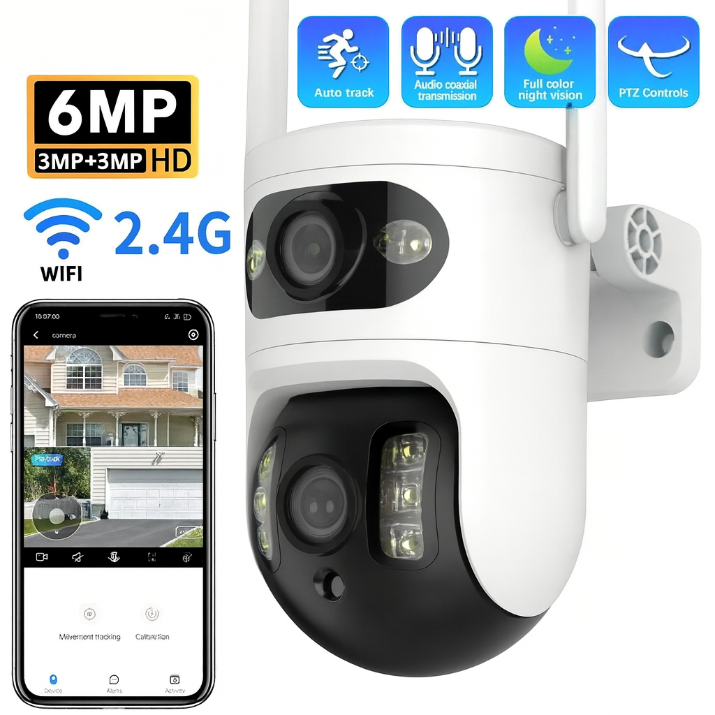 Cameră Wifi Exterior Duală Tuya 6Mp Rezoluție 4K, Audio Bidirectional, Infraroșu Color