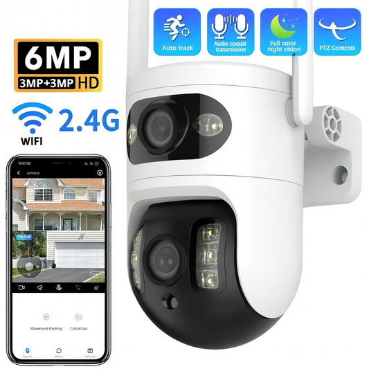 Cameră Wifi Exterior Duală Tuya 6Mp Rezoluție 4K, Audio Bidirectional, Infraroșu Color