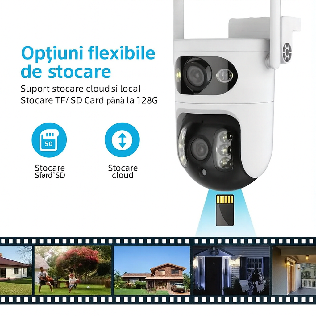 Cameră Wifi Exterior Duală Tuya 6Mp Rezoluție 4K, Audio Bidirectional, Infraroșu Color