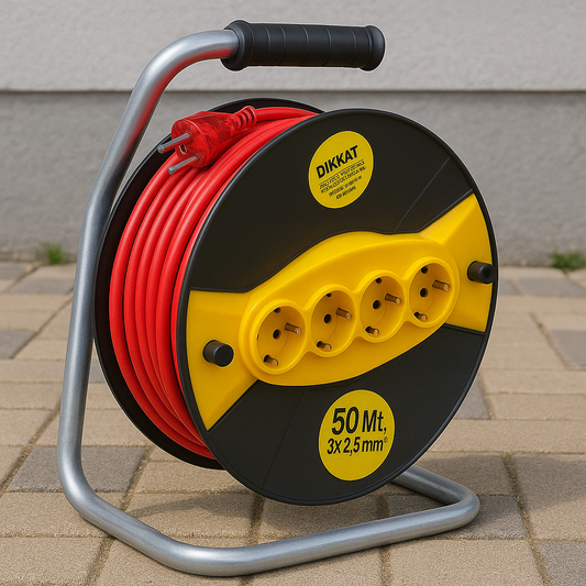 Rola Prelungitor 50M cu 4 Prize | 2400W – Cablu 3x2.5mm cu Tambur