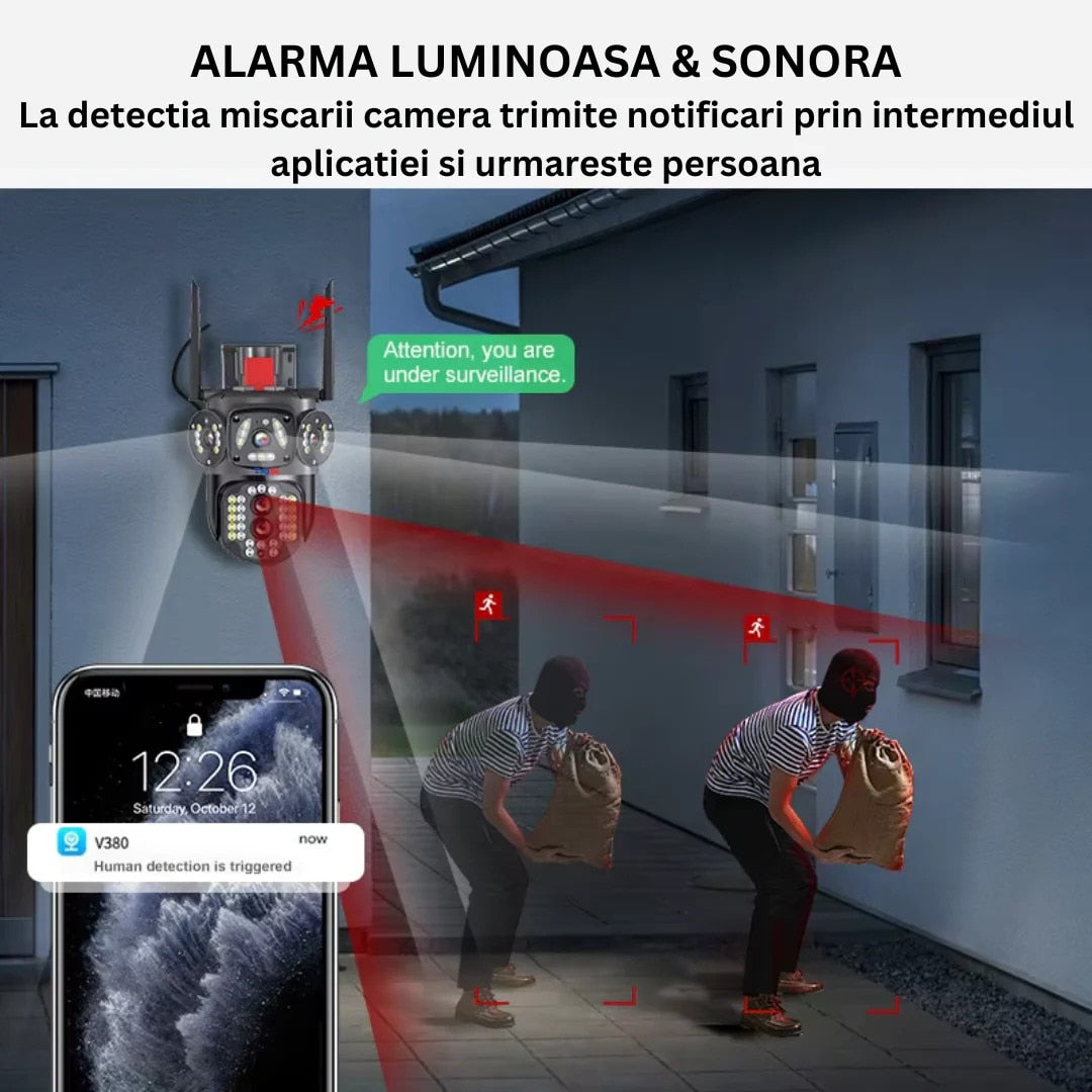 Camera de supraveghere Tripla WIFI/4G Zoom 10X, Rezolutie 4K, Detectie umana, Urmarire automata, IP66